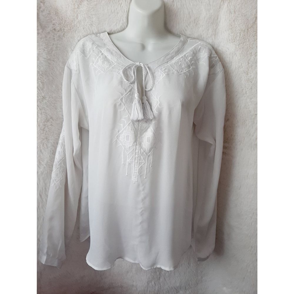 Maurices White Semi Sheer Embroidered Medium tassles Cottage Fairy front blouse